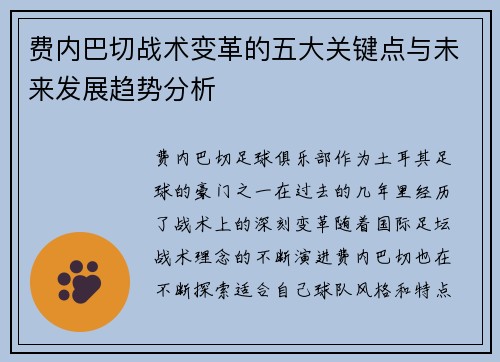 费内巴切战术变革的五大关键点与未来发展趋势分析