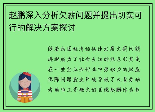 赵鹏深入分析欠薪问题并提出切实可行的解决方案探讨 赵鹏深入分析欠薪问题并提出切实可行的解决方案探讨